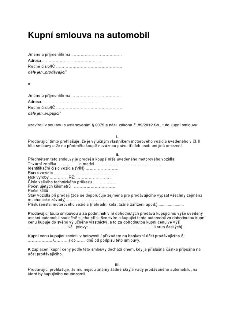 Kupní smlouva na auto: co musí obsahovat, aby vás chránila